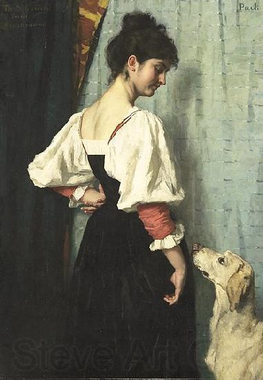 Therese Schwartze Young Italian woman with a dog called Puck. Germany oil painting art